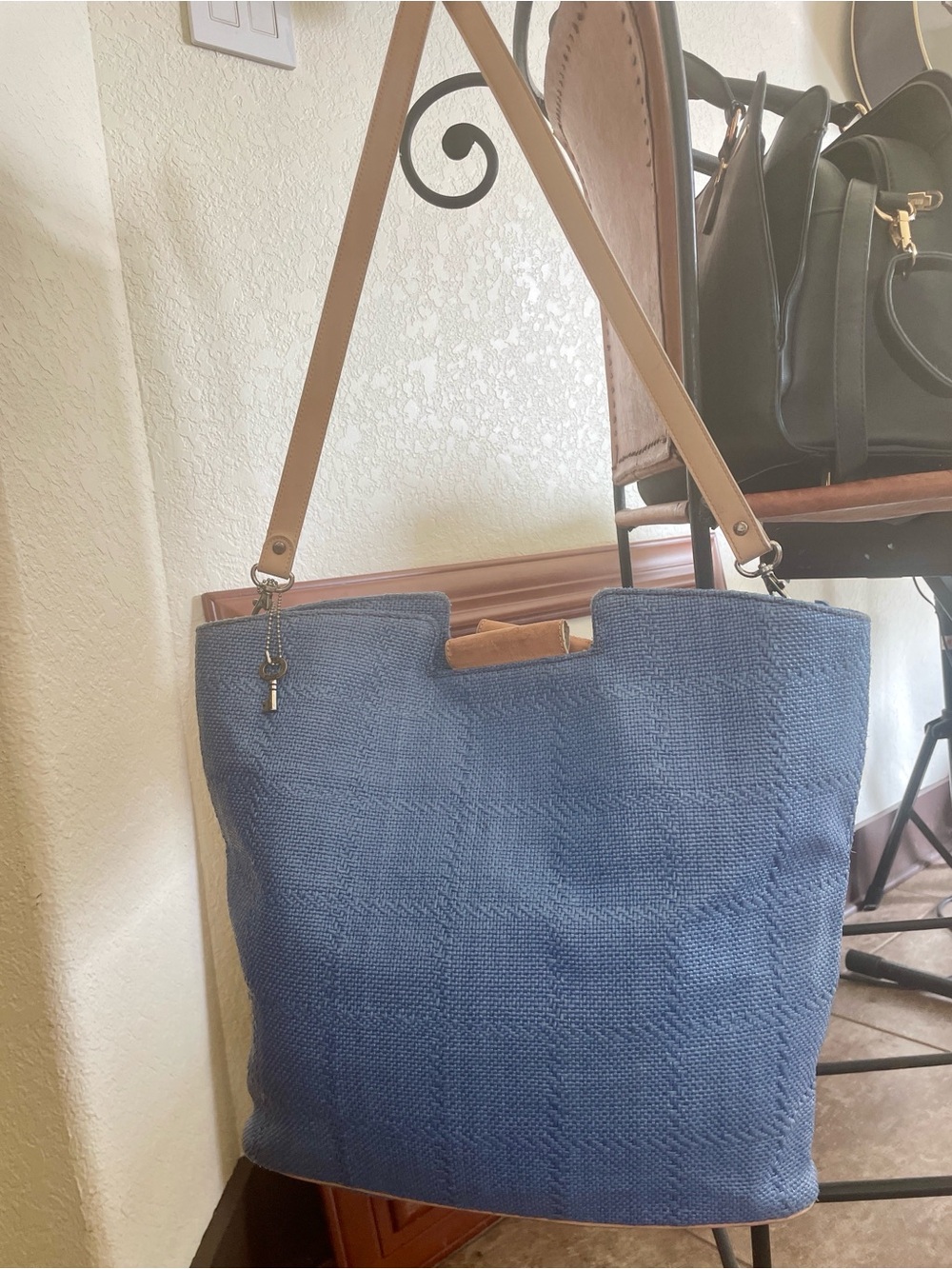 Fossil Blue Woven Tote Bag with Tan Straps